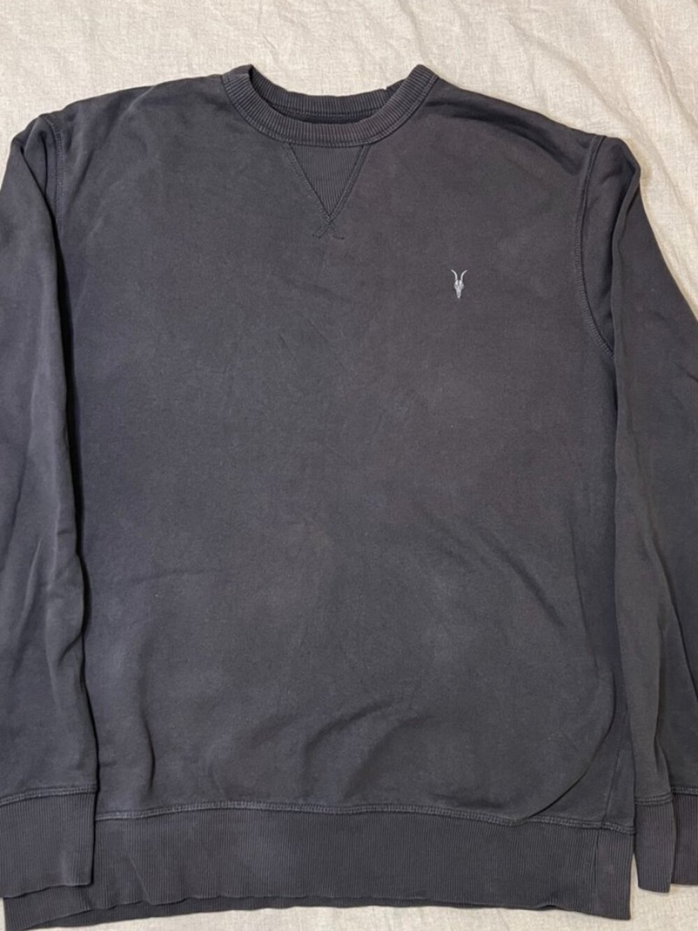 AllSaints Ollie Crew Mens Small Washed Black Ramskull Sweatshirt Grunge Cotton